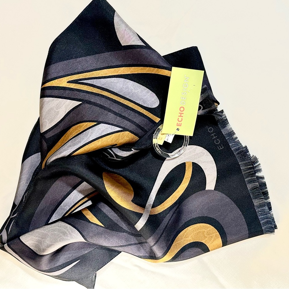 ECHO 100% SILK OBLONG SCARF—NEW With Tags—Double Print Shades of Charcoal Gray - Picture 8 of 9